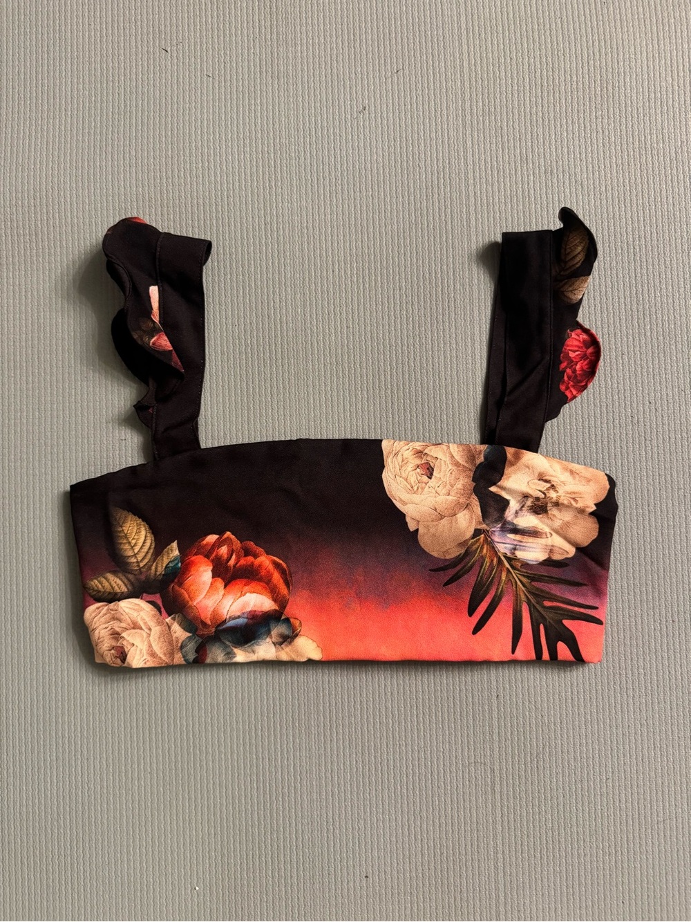 Agua Bendita Black to Orange Floral Ruffled Strap Crop Top